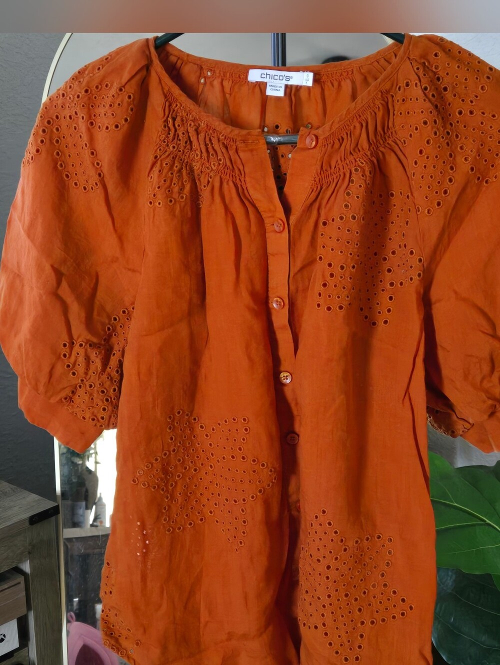 Chico's Rust Orange Ramie Cutwork Blouse  Eyelet Button-Front Blouse